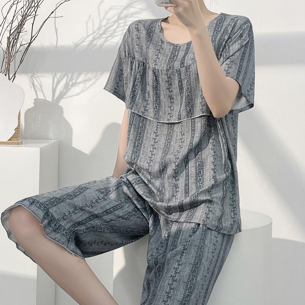 1011 New anti-bump cotton and silk pajamas women's summer ultra-thin short-sleeved trousers cotton and silk set large-size loungewear