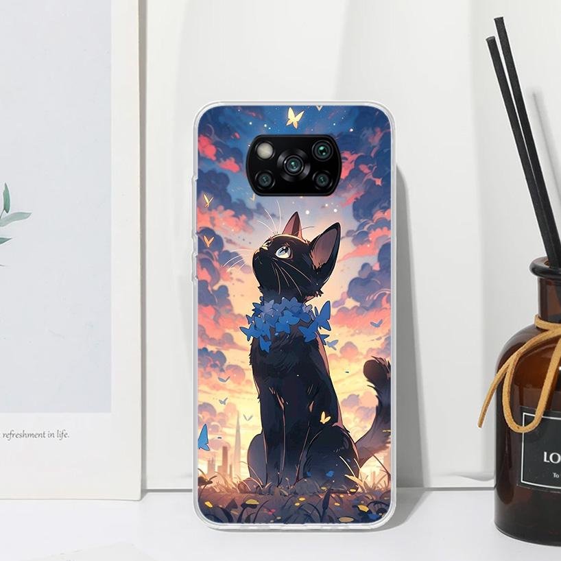 Anime Cute Black Cat Meow Phone Case For Xiaomi Poco X7 X6 X5 M7 M8 Pro F7 Ultra Redmi 15C 15 13C 13 12C 12 10 10C 10A Art Funda