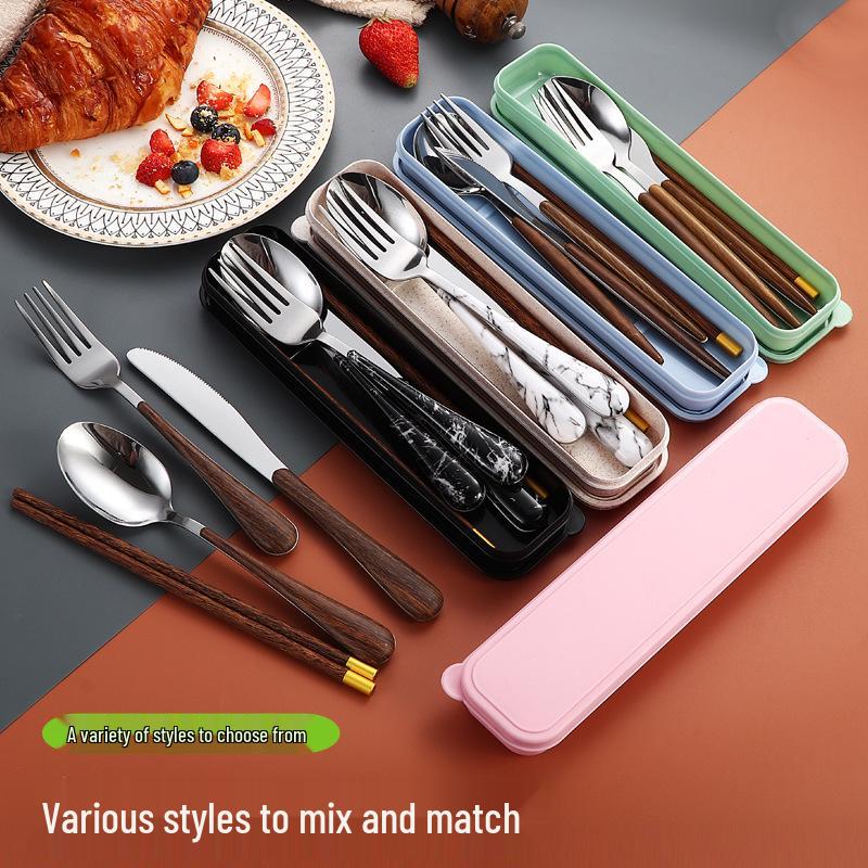 Portable 1010 Portuguese Stainless Steel Cutlery Set with Wooden Chopsticks - Knife, Fork, Spoon