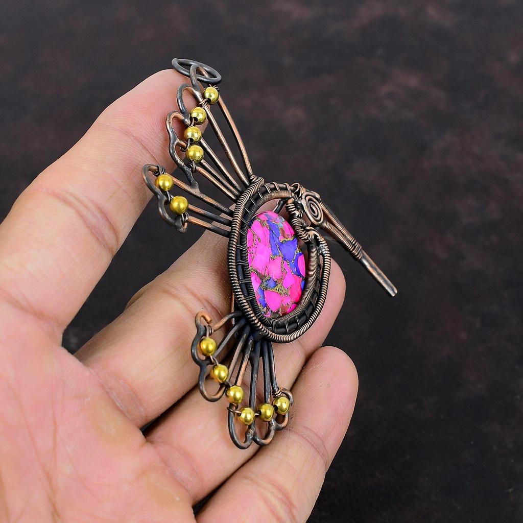 Natural Kingman Pink Dahlia Turquoise Pendant Copper Wire Wrapped Jewelry Gemstone Copper Pendant Handmade Pendant Wire Wrapped Bird Jewelry
