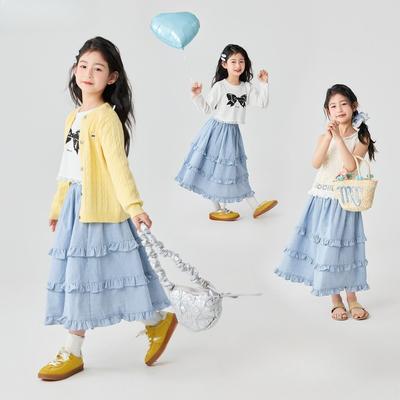 Girls' Fashionable Cake-style Skirt - Spring/Summer Children's Blue Ruffled Checkered Half-length Skirt