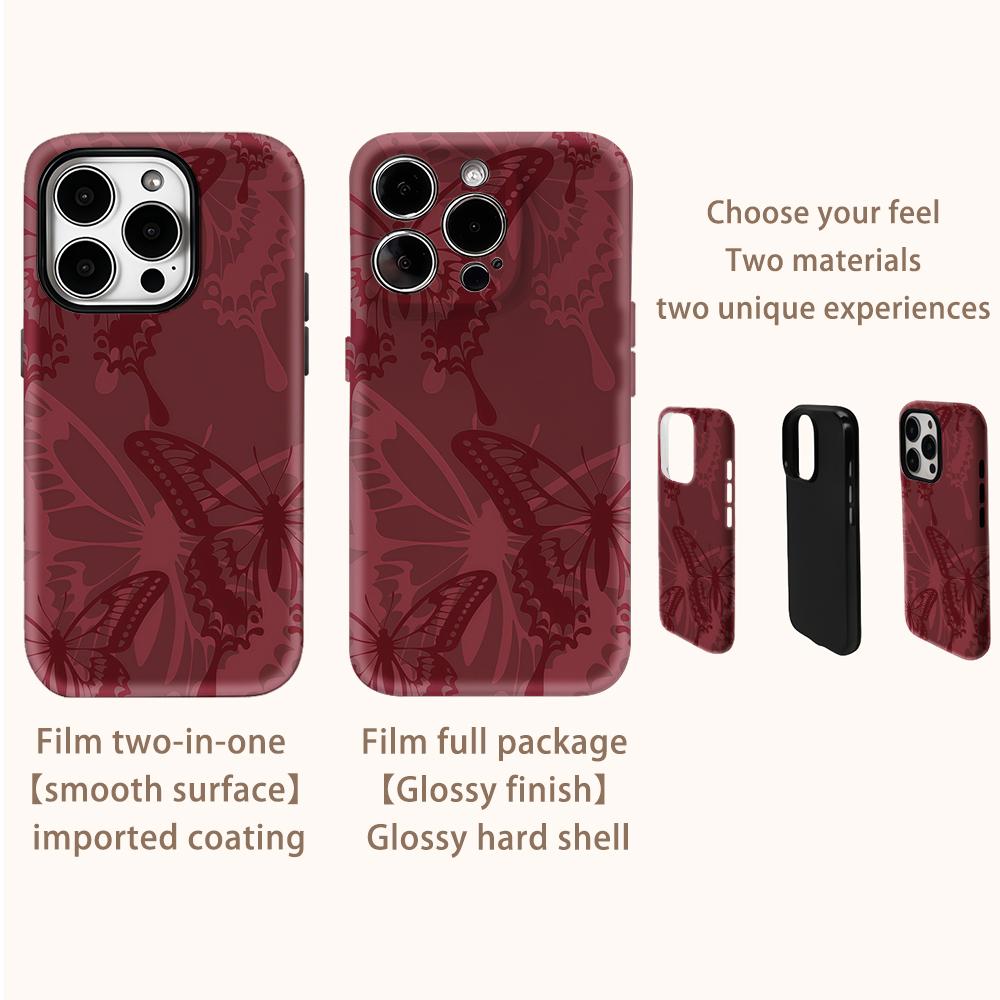 Wine Red Butterfly Shadow Phone Case for IPhone 16 15 14 13 12 11 X XS XR XSMAX 7 8 Pro Max Plus Double-layer Back Cover