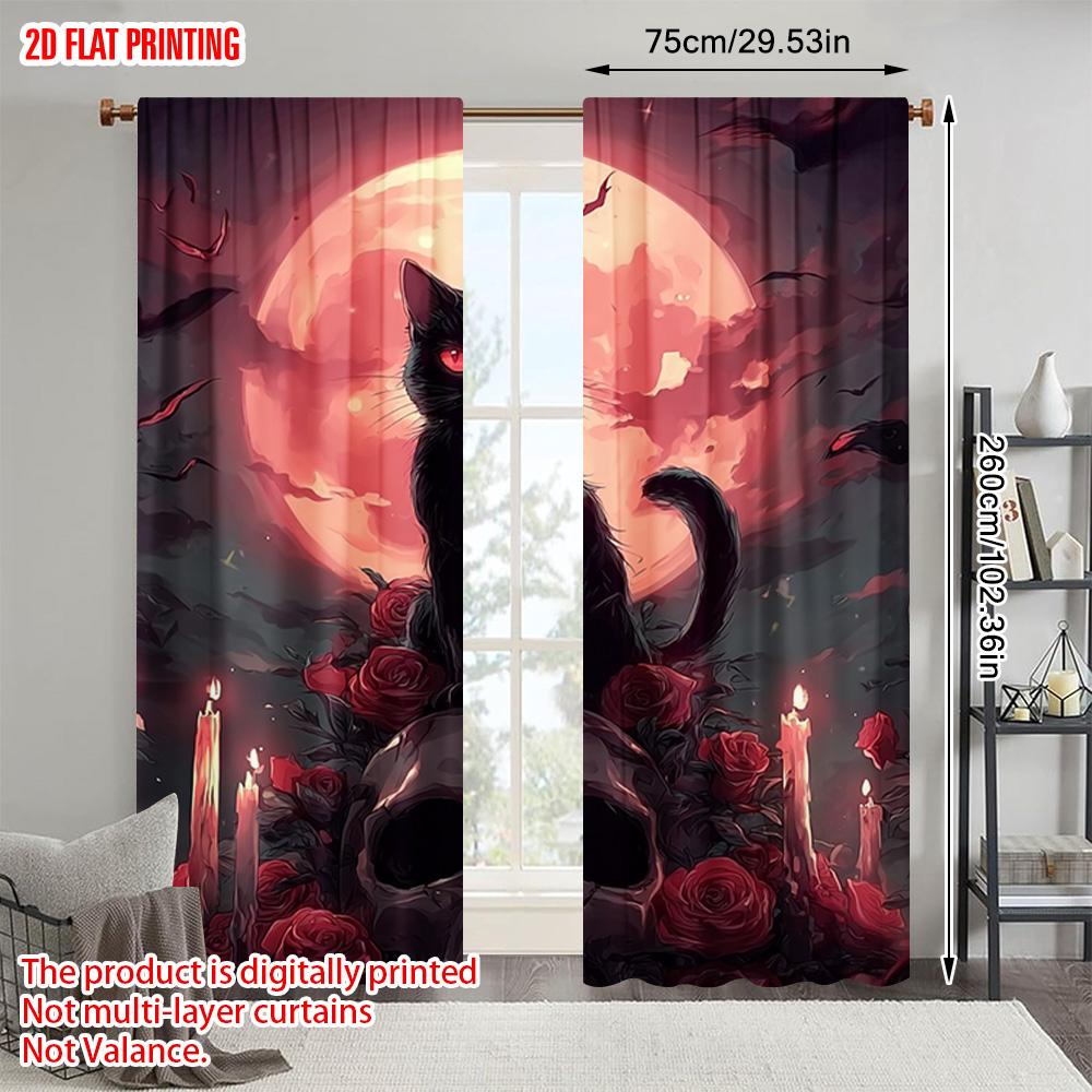 2pcs   plane printing Curtain Fabric Halloween Skeleton and Black Cat Versatile Polyester Fabric (without rod) Room Decor Ldeal