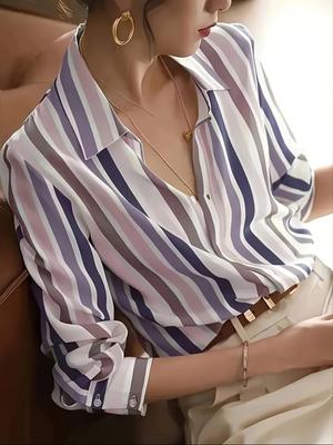 Ladies' Temperament Lapel Contrast Stripe Print Shirt