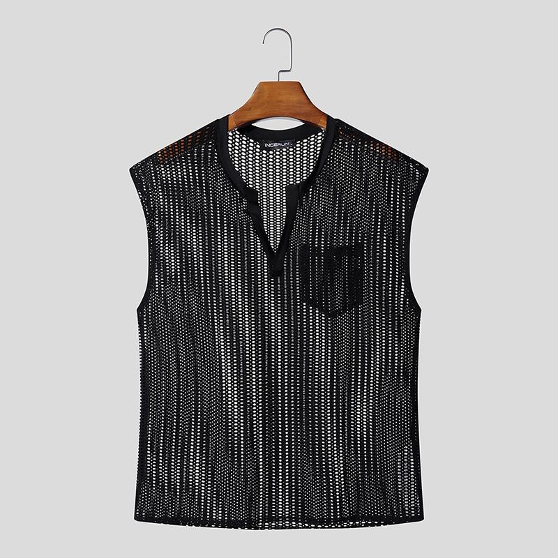 

INCERUN Summer Men Short Sleeves See Through Mesh Tops T-shirts