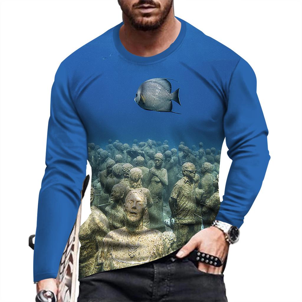 New Ocean Scenery Print Summer Men's Round Neck T-shirt Casual Long Sleeve Oversized T Shirt Fashion Pullover Trend Men Clothing