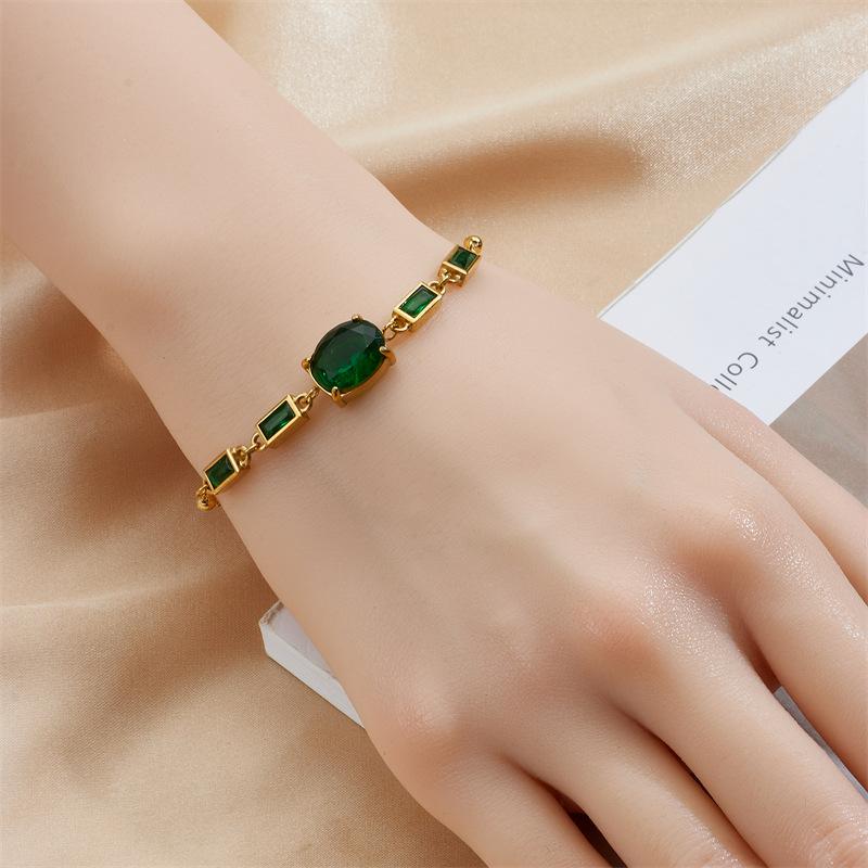 Gold Plated Adjustable Bracelet with Oval and Baguette Cut Green Stones Fashion Jewelry for Women