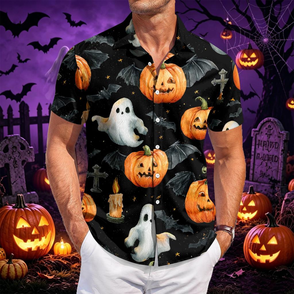 Men's Casual Short Sleeve Shirt Halloween Print Button Down Shirt Lightweight Breathable Fabric Relaxed Fit Shirt for Everyday Wear