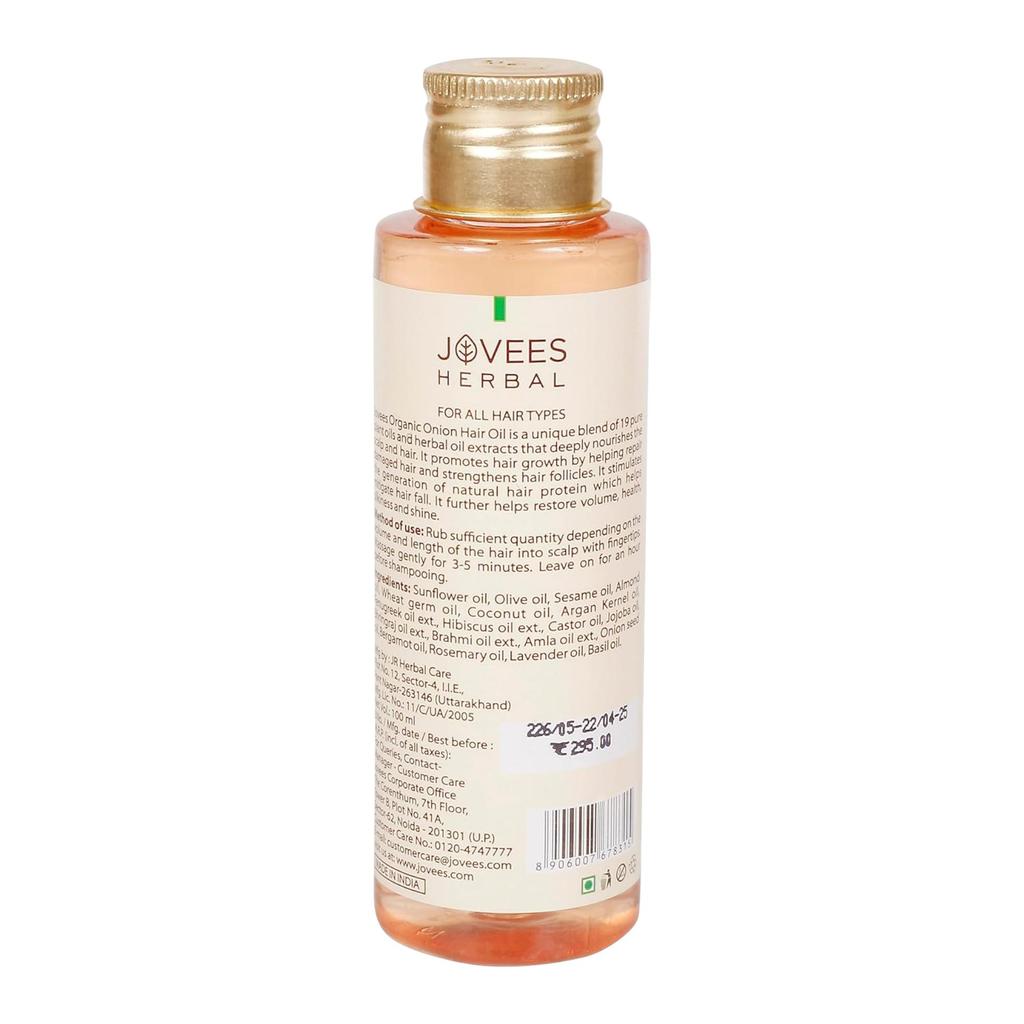 Jovees Organic Onion Hair Oil 100ml For Hair Growth, Anti-Hair Fall, Frizz Control, Nourishing Scalp Treatment