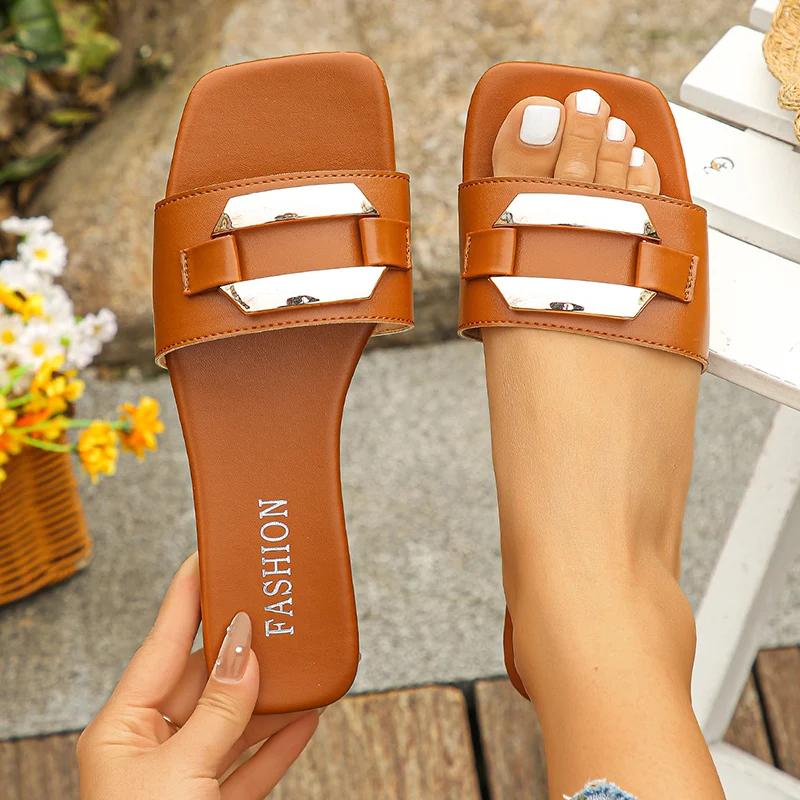 Fashion 2025 New Summer Fashion Women's Slippers Square Toe Metal Decor Flat Sandals Woman Lightweight Non Slip Beach Slides Flip Flops
