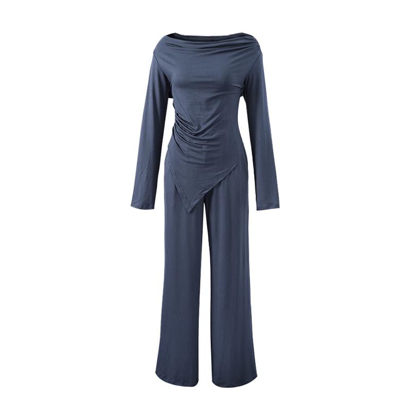 

Модные однотонные длинные брюки, комплекты для женщин 2025 года, весенние нестандартные рубашки с открытыми плечами, топы, эластичная резинка на талии, широкие брюки, комплект из 2 предметов S серый