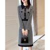 Women's Houndstooth Lapel Long-Sleeve Dress