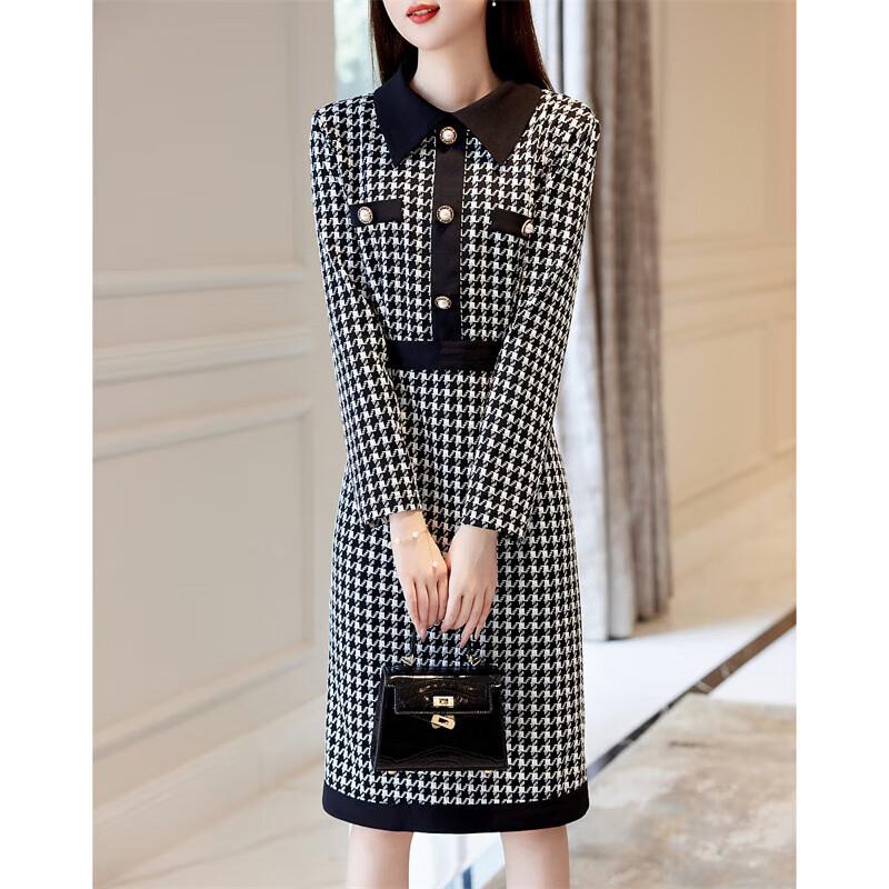 Women's Houndstooth Lapel Long-Sleeve Dress