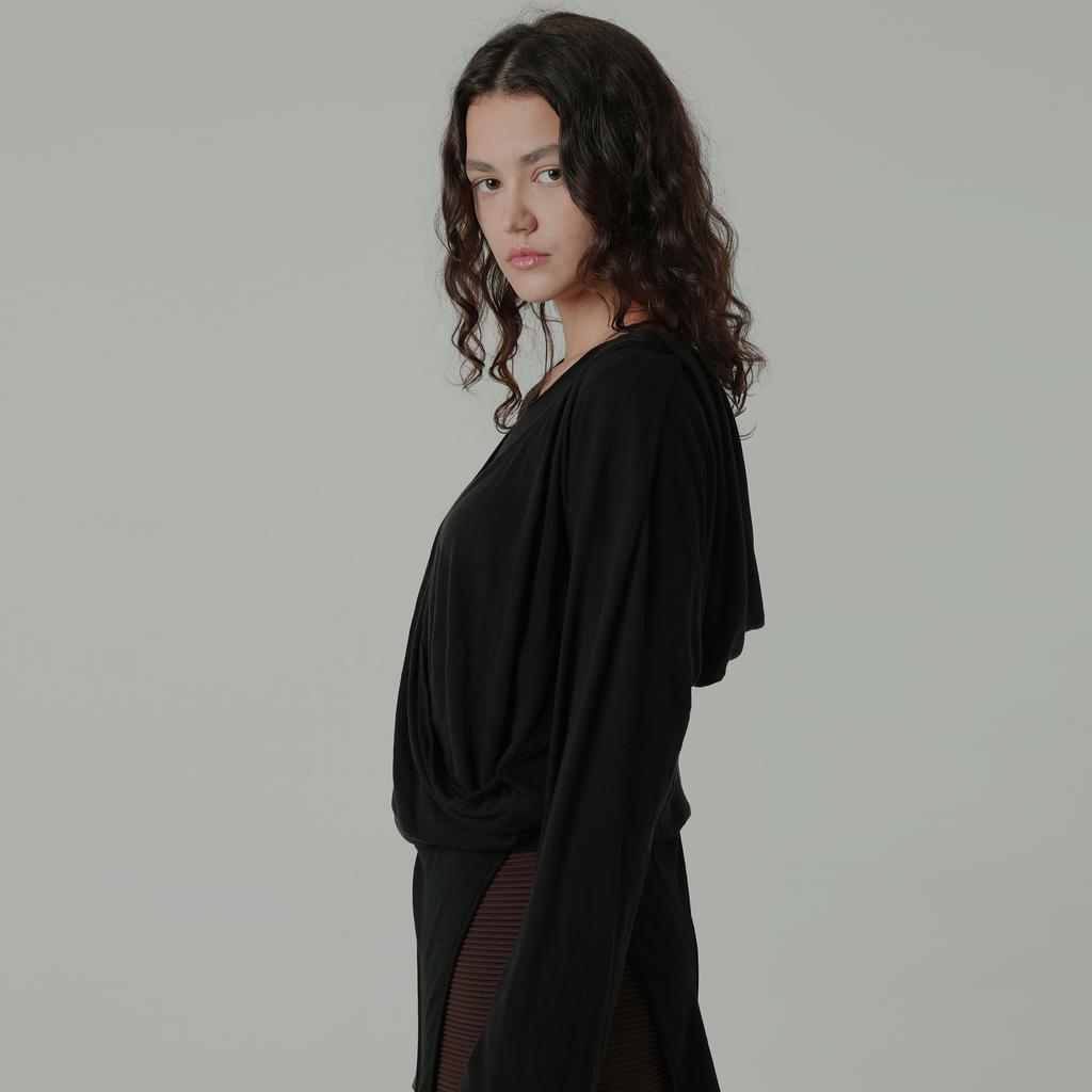 Wool Tencel Hoodie Wrap Cardigan Light Black