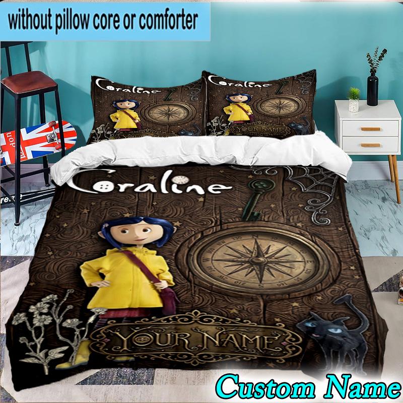 Custom Name 3PCS Mystery Coraline's World Bedding Set,Including Duvet Cover And 2pcs Pillowcases Perfect for Bedroom,Dormitory,Fan Christmas Gift