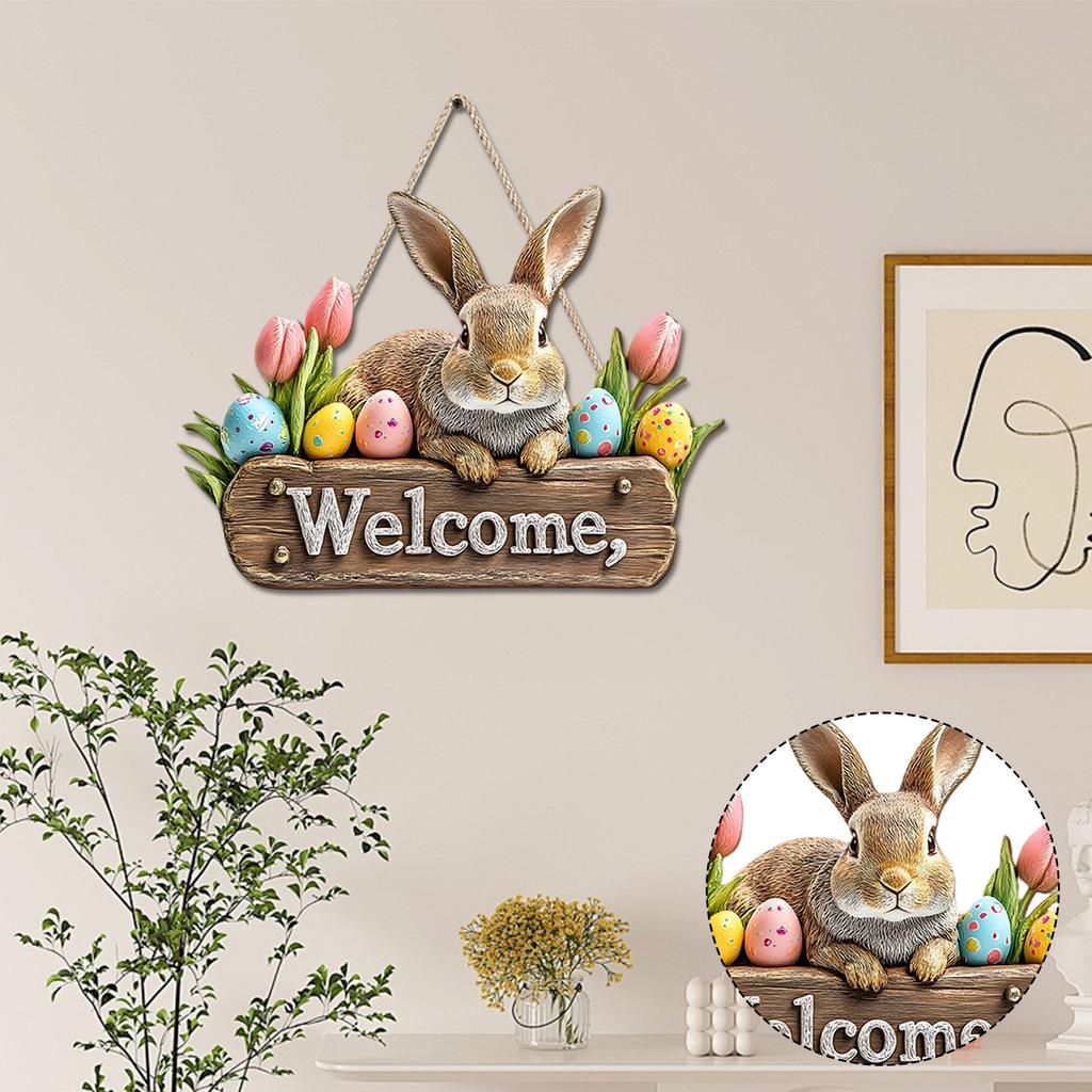 Easter Bunny Wall Hanging Decoration; Welcome Hanging Plaque; Colorful Eggs; Tulips 2D Wall Hanging Decor.