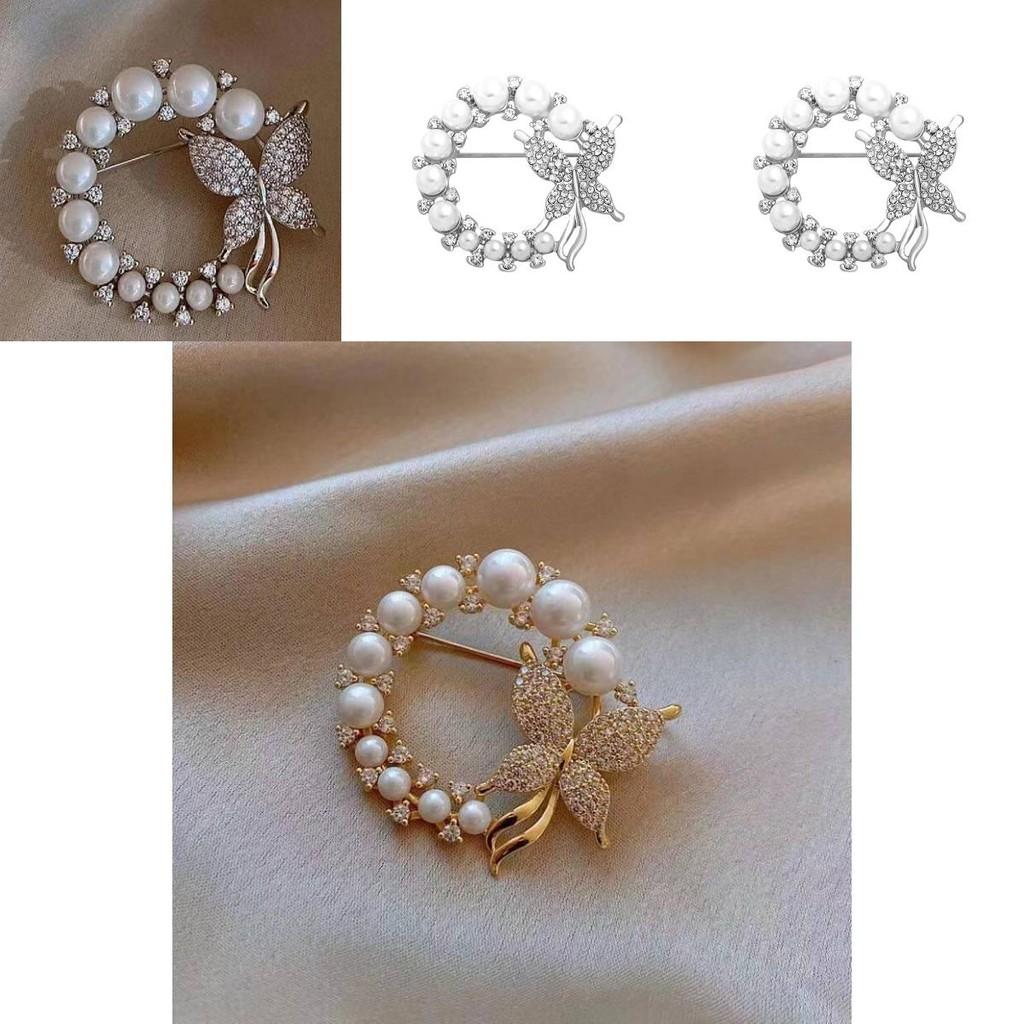 Stylish And Elegant Silver And Gold Butterfly Brooch With Rhinestones And Pearls For Women