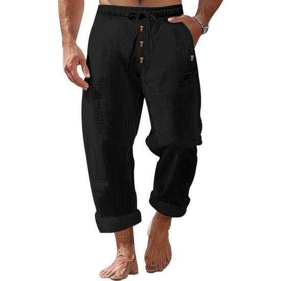 Men's Casual Linen Trousers Elastic Waist Drawstring Baggy Trousers Solid Color Loose Fit Summer Pants with Pockets for Beach Yoga Wear