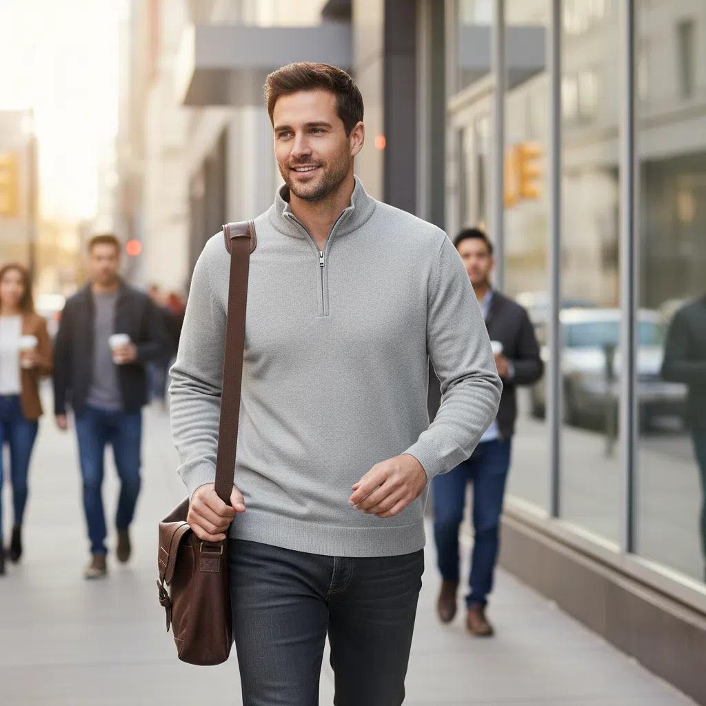Men's White Half-Zip Sweatshirt Comfortable & Stylish Casual Pullover for Everyday Wear, Urban Streetwear Look