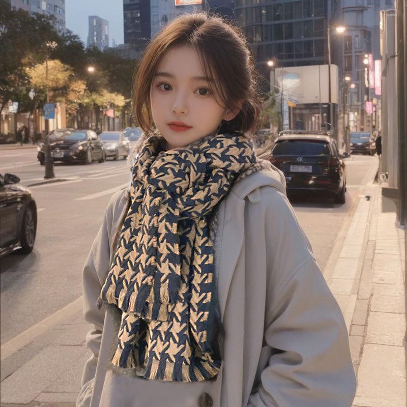 

Women s Houndstooth Scarf: Warm Korean Style, Thick Imitation Wool, Fringe Knit for Autumn/Winter.