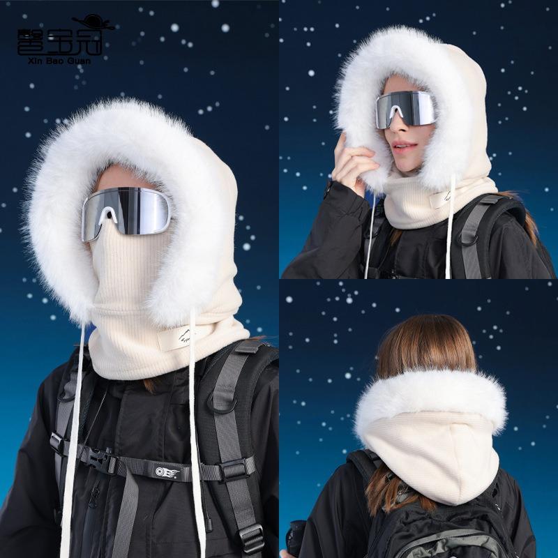 Winter mask, scarf, integrated hat, velvet, thermal ear protection, pullover hat, women's outdoor windproof face cover