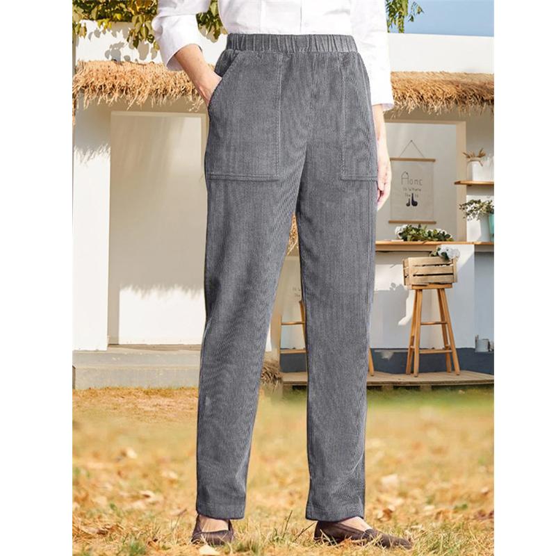 2026 New Women's Solid Color Elastic Waist Corduroy Straight Leg Casual Pants