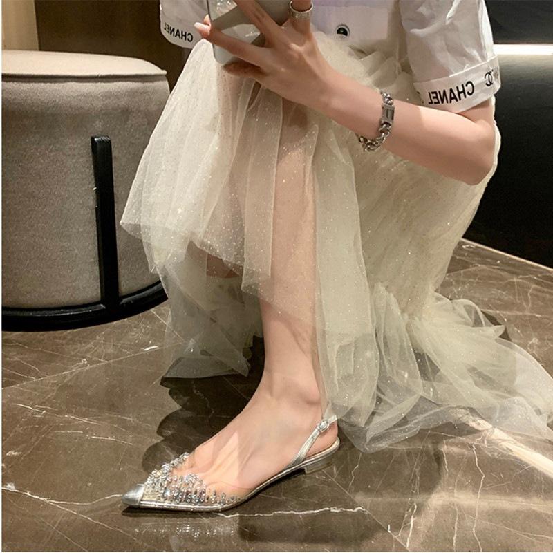 Fashion 2025 Spring Pvc New Pointed Head Transparent Diamond Single Shoes To Wear Everything Flat Wedding Sandals Temperament
