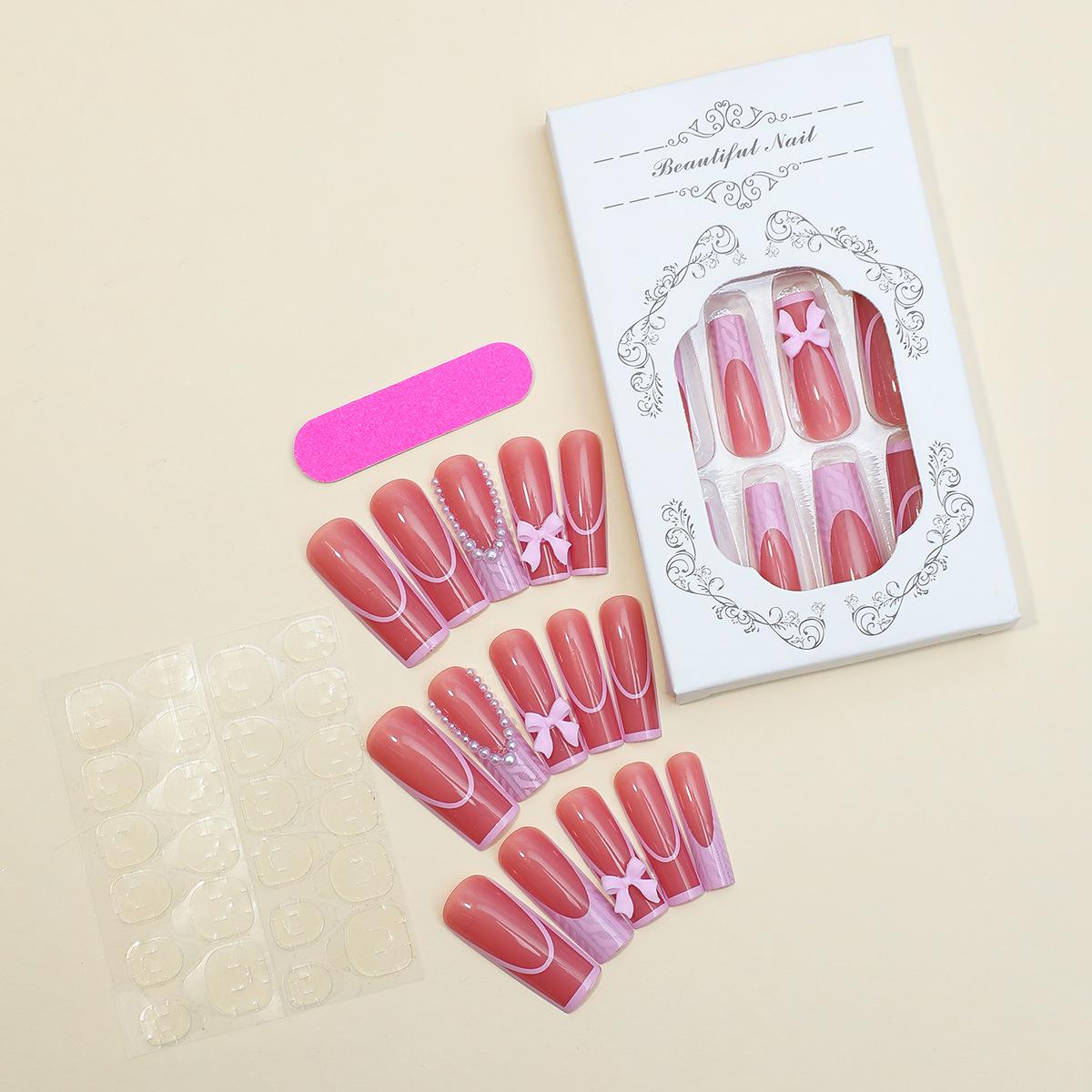 

European & American Extended Pearl Bow French Manicure Armor Nail Pieces