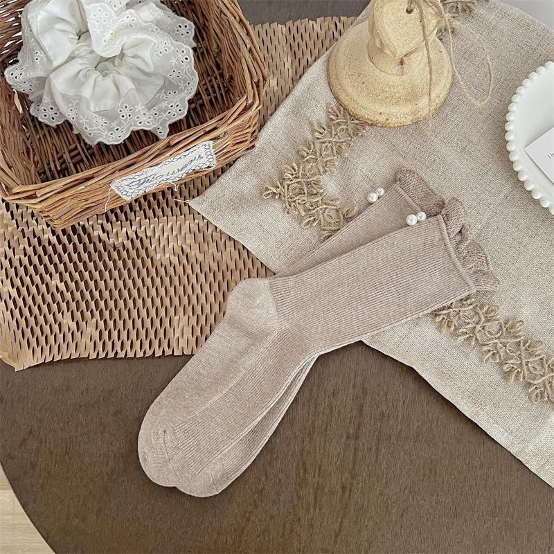 

Женские весенне-осенние новые однотонные дышащие хлопковые носки-гольфы с отделкой в виде жемчужных фестонов 1 pair верблюд