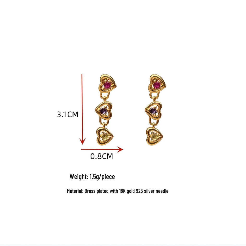 Korean Style Colorful Zircon Heart Tassel Earrings for Women