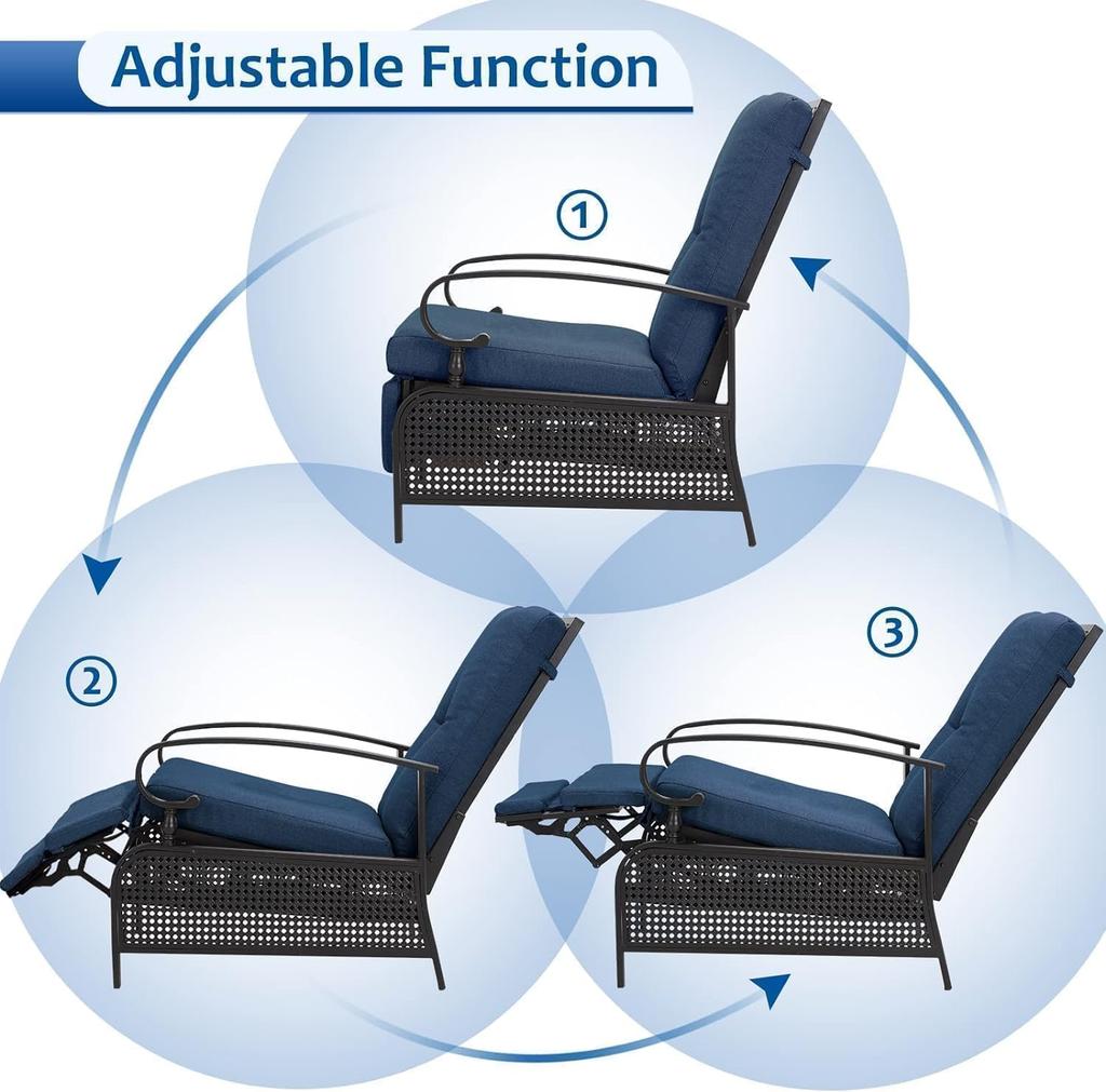 YODOLLA Garden Reclining Chair Adjustable 3 Positions - 150kg Capacity, With Removable Cushion - Foldable - Navy Blue