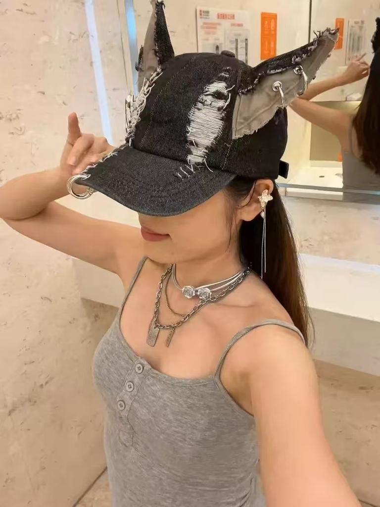 Junk Style Y2K Doberman Dog Ears Washed Cowboy Baseball Cap Dark Tie Punk Personality Street Cap Tide