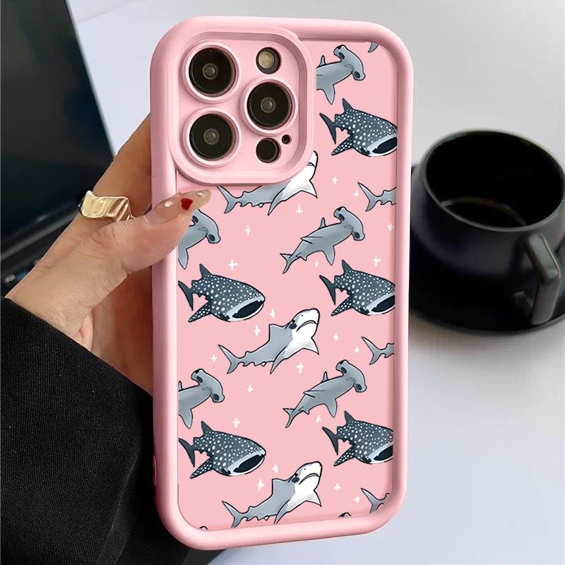 For iPhone 16 16E 15 Pro Max 14 Pro 13 12 11 Case Cartoon Shark Pattern Anti-Fall Matte TPU Lens Protection Shockproof Soft Phone Cover