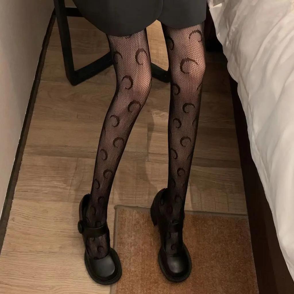 Kawaii Gothic Hollow Out Pantyhose Moon & Star Pattern Fishnet Waist Mesh Tights Women Spicy Girl Sexy Thin Ins Tide Lace Tights