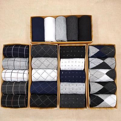 Men's Solid Color Mid-Tube Business Socks - 5 Pairs Gift Box, Autumn/Winter, Polyester-Cotton, Casual Style