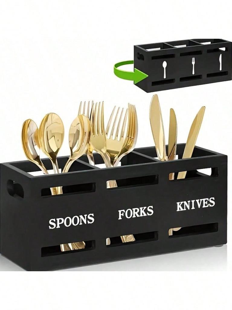 Wood Utensil Caddy With 3 Compartments, Large Capacity Silverware Holder, Multipurpose Utensil Holder, Flatware Caddy