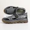 Men Outdoor Hiking Sandals Black Leather Closed Toe Grey Beach Shoes Wide Handmade Sandals Large Size for Father