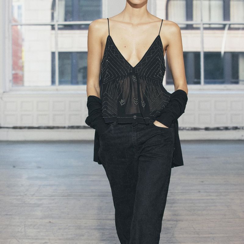 Zbzr Spring New Women clothes Western Style French style Fashion Temperament Simple and Versatile Beaded Embroidery Sling Top