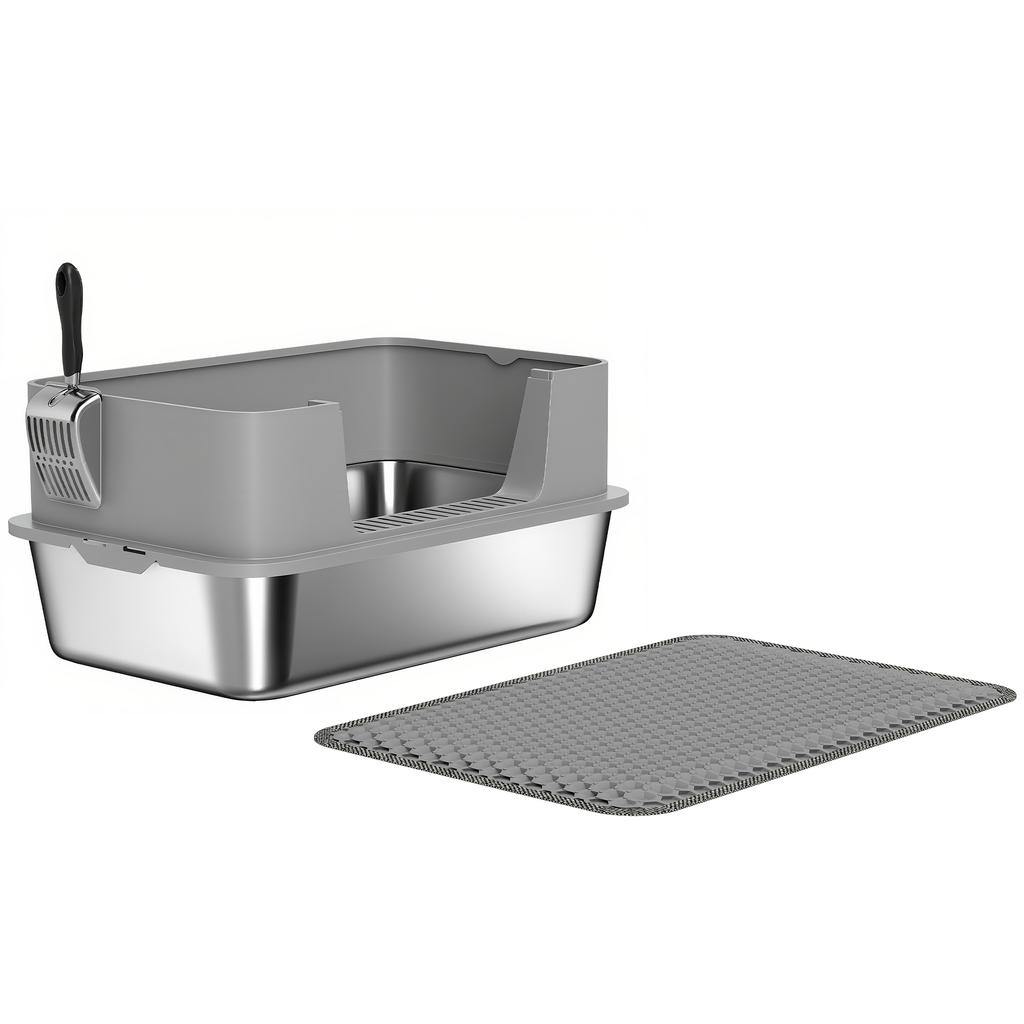 High Sided Stainless Steel Litter Box, Metal Cat Litter Tray with Metal Scoop, Litter Mat, Never Absorbs Odors, Grey