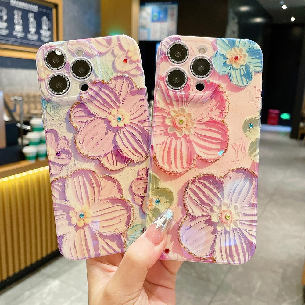 Fashion Blue Pink Purple flowers Pattern Phone Case with lens protective film For iphone 15 14 13 12 Pro Max 11 15plus 12pro Soft silicone Back Cover