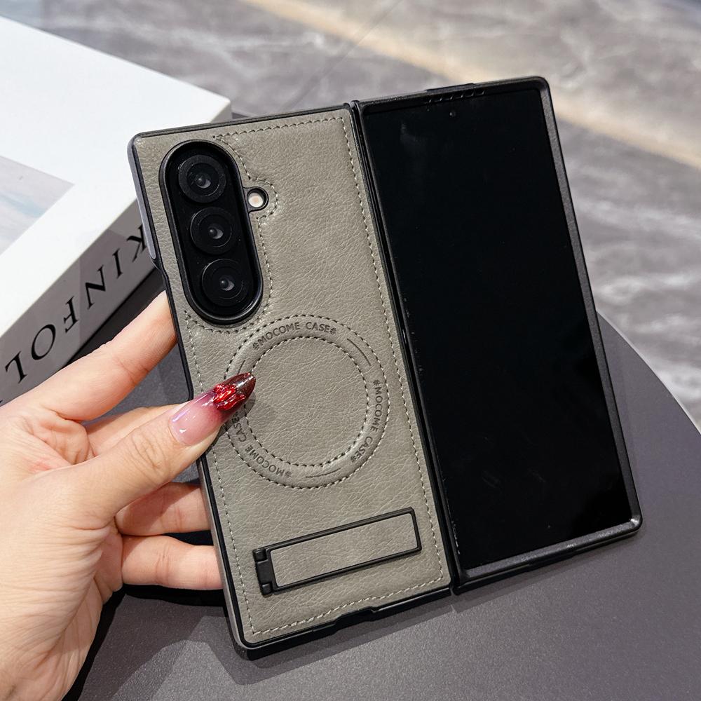 KEYSION Luxus PU Leder Magnetische Hülle für MagSafe für Samsung Galaxy Z Fold 7 5G Ständer Kabelloses Laden Handy Rückseite