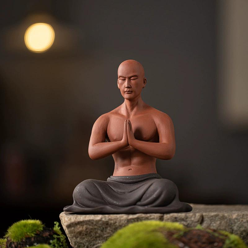 Zen Little Monk Figurine, Buddhist Style Meditation Boy Statue for Home Desk Decor, Tea Room, Fish Tank Ornament & Garden Landsc