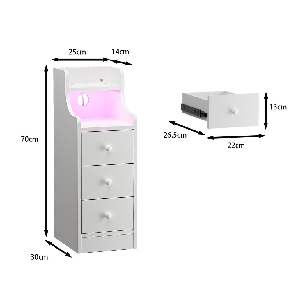 Wood Bedside Table 3 Drawers Adjustable Brightness With Charging Station 2AC/2USB Space Saving Side Cabinet Desk Nightstands