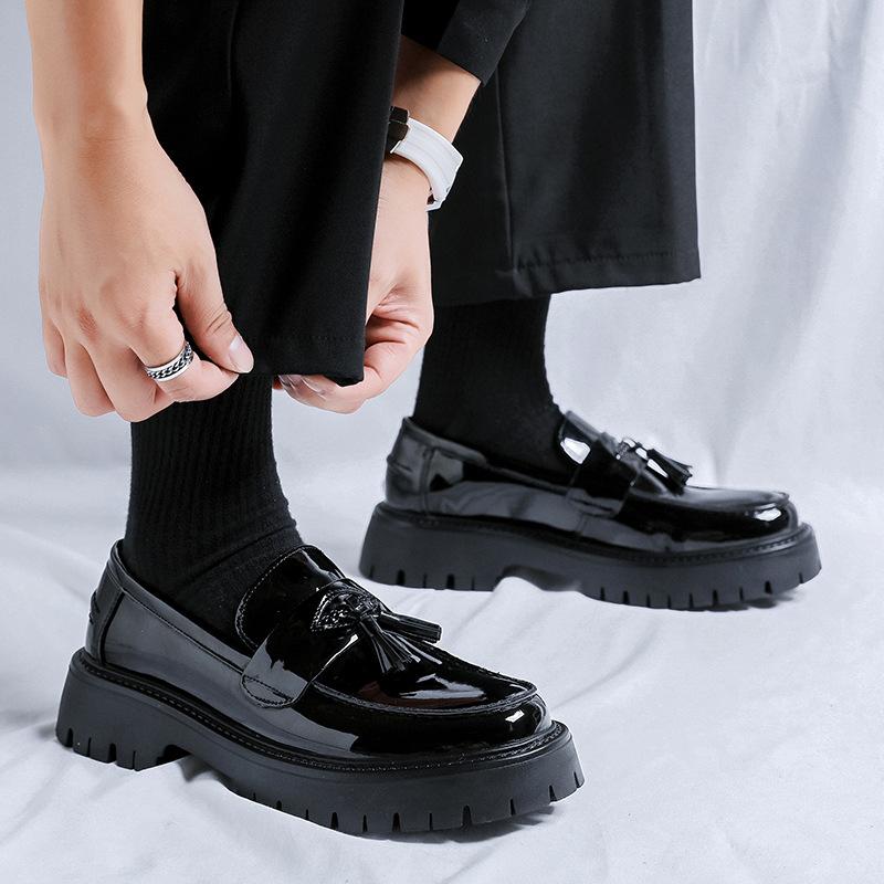 Mens Fashion Business Wedding Dress Shoes Slip-on Tassels Shoe Black Stylish Platform Loafers Breathable Patent Leather Footwear