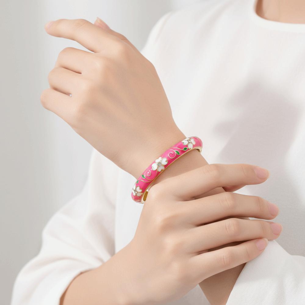 Emaille Vintage Cloisonné Armreif Kirschblüte Chinesisch Chinesische Blume Armreif Klassisch Traditionell Damen Armband