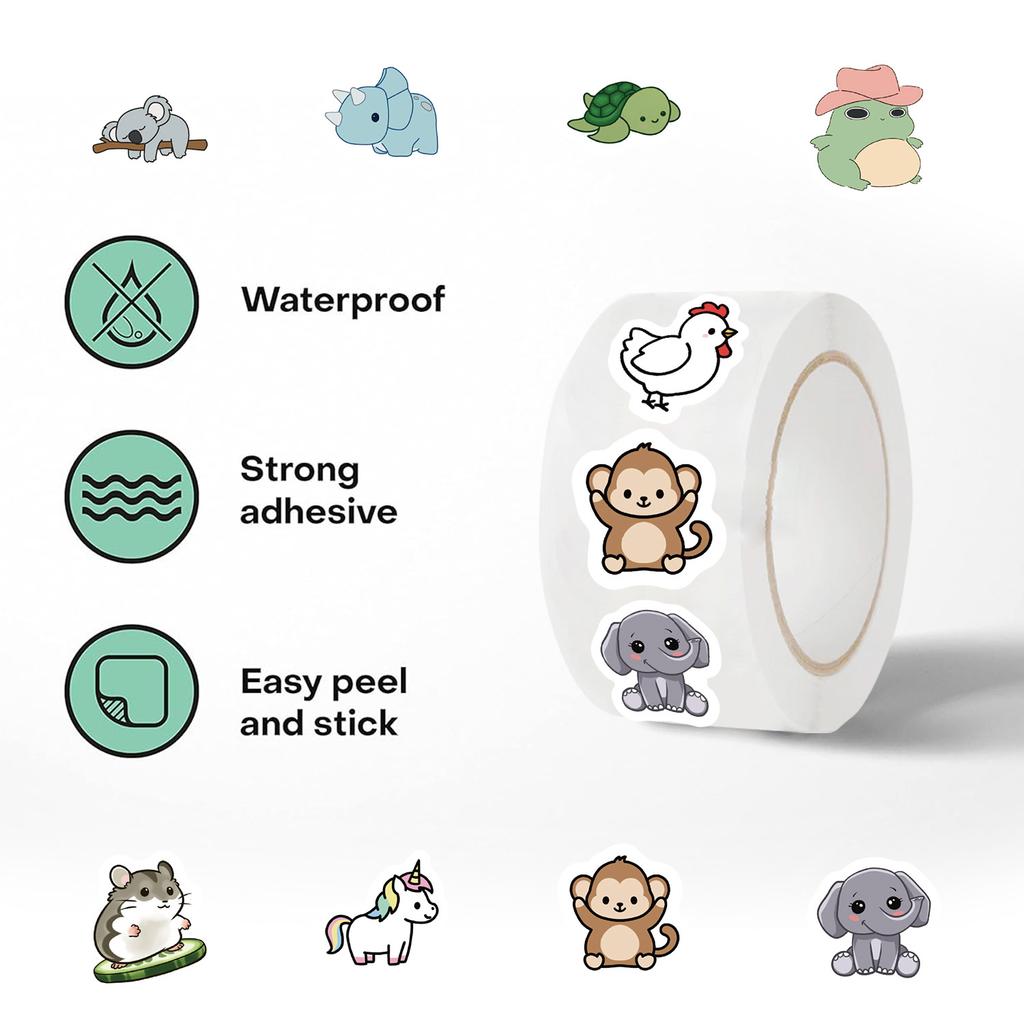500 Pictures/roll Roll Sticker Tape Cartoon Animal Handbook Material Decorative Envelope Seal Sticker