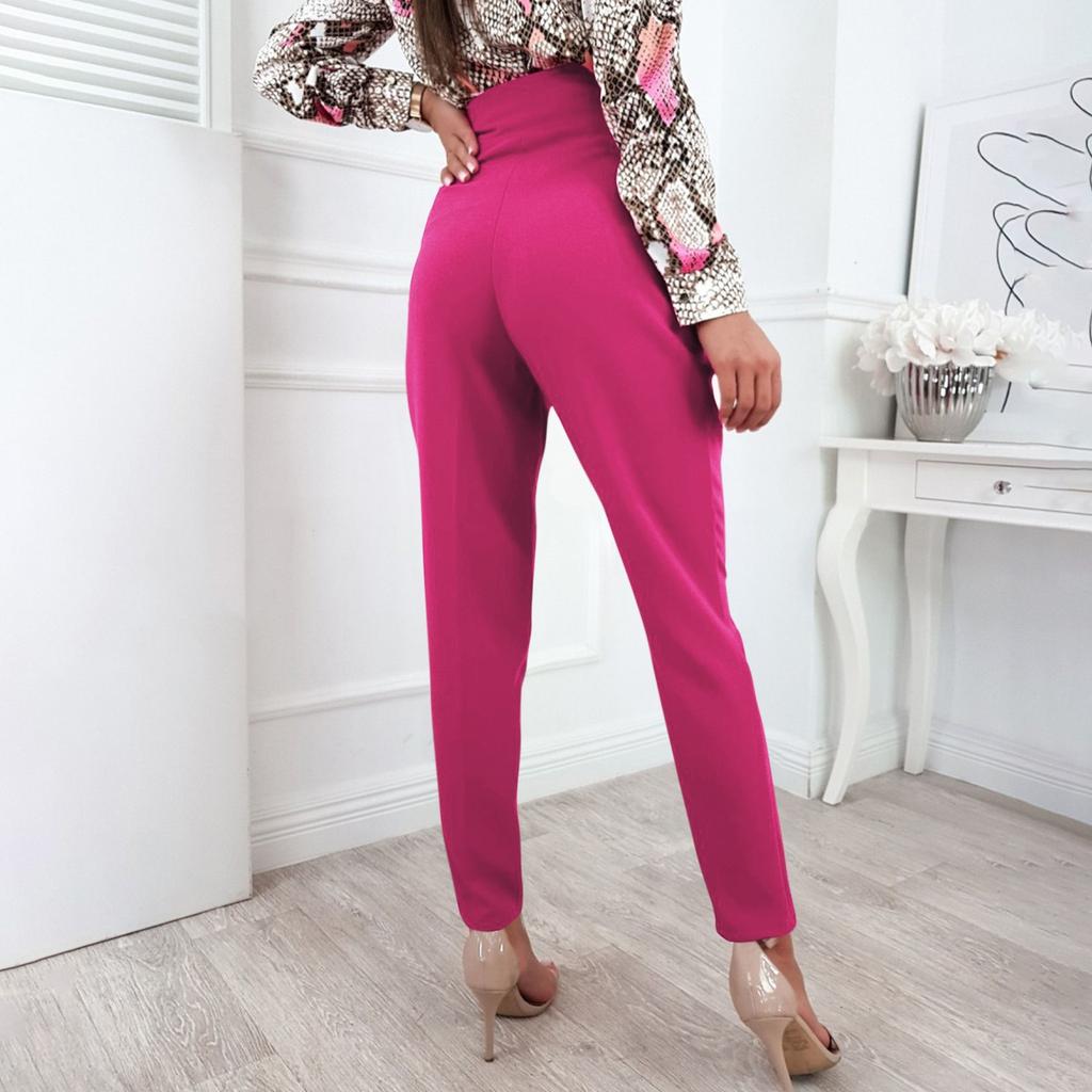 Women's Solid Color Slim Button Zipper High Waist Pocket Calf Pants