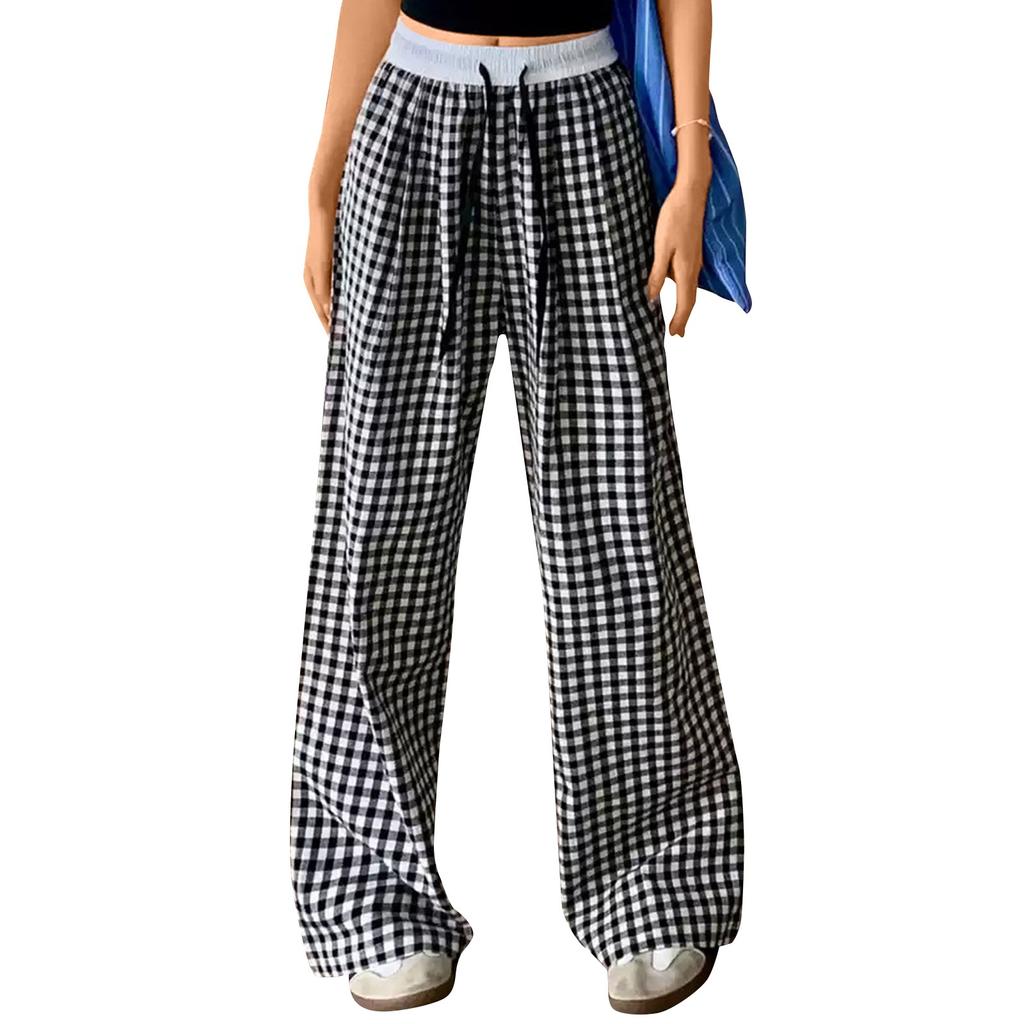 Women's Summer Elastic Waist Drawstring Wide Leg Plaid Trousers Casual Home Loose Pants With Pockets