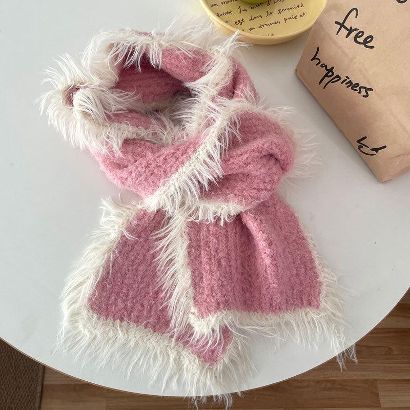 

Soft Wool Blend Scarf Korean Style Autumn Winter Warm Knit Plush Premium Yarn Neck Warmer розовый