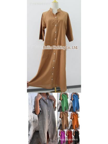 2026 Europäisches & Amerikanisches Frühling/Sommer Lockeres Casual Mittellanges Baumwoll-Leinen Hemdkleid für Damen